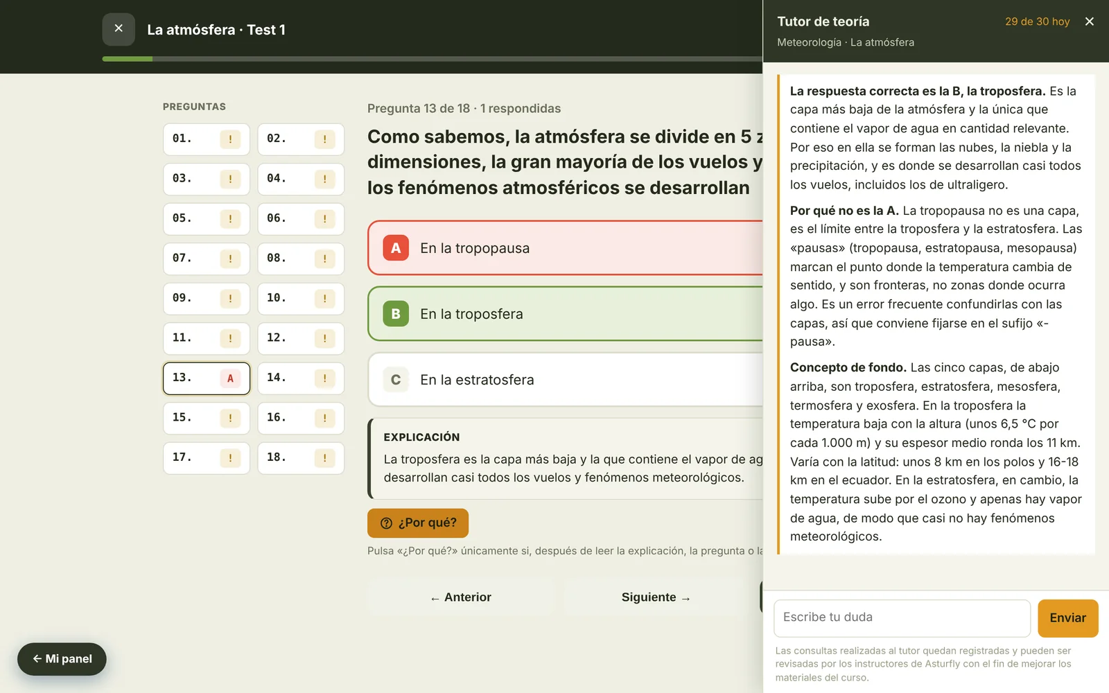 Tutor de teoría explicando una pregunta de meteorología sobre las capas de la atmósfera